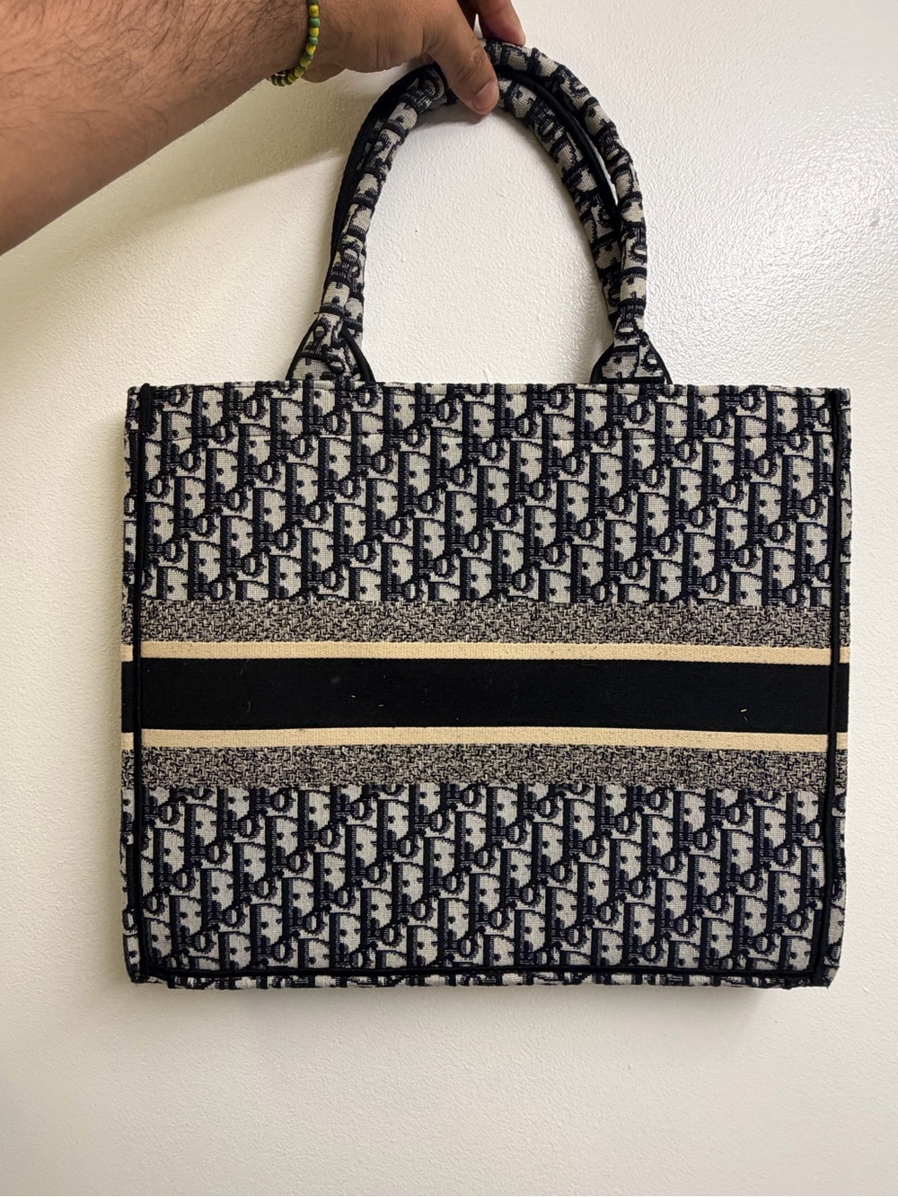 Designer Monogram Canvas Tote Bag in Black and Cream